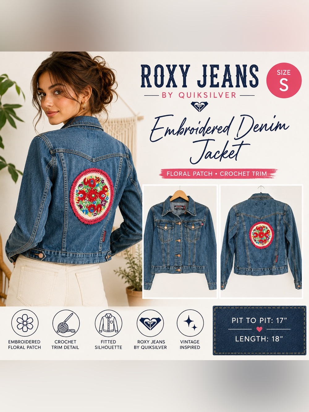 Roxy Jeans by Quiksilver Embroidered Denim Jacket Boho Floral Size Small